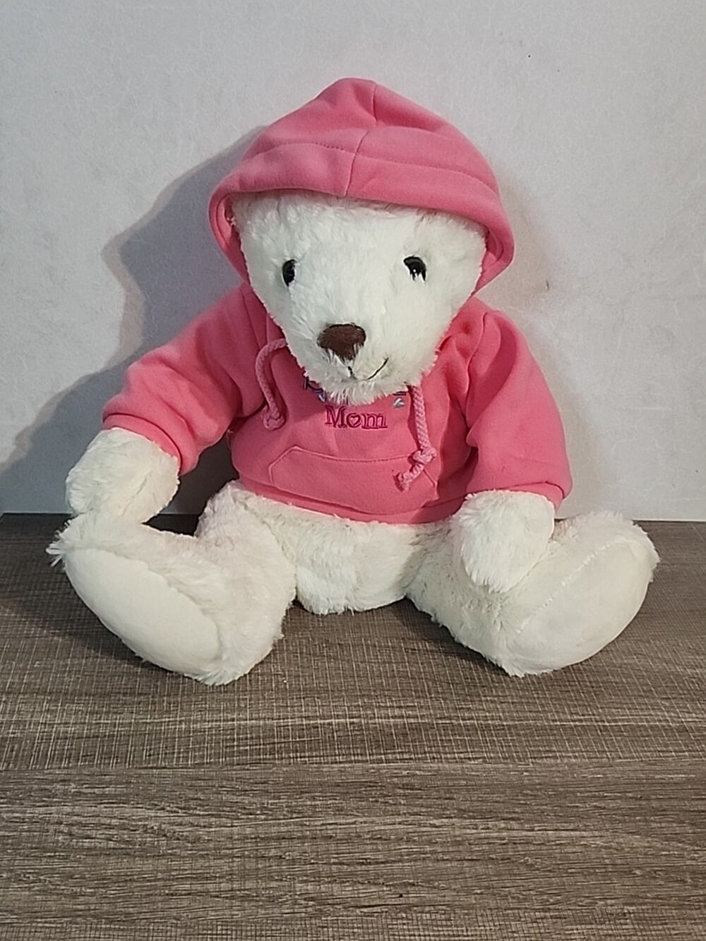 Tom's Toy International Plush Teddy Bear with Pink Hoodie "Super Mom" 15" White
